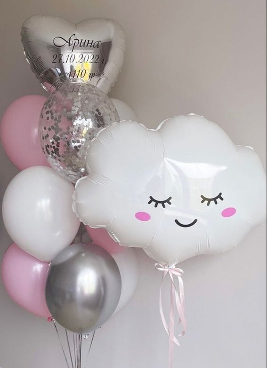 White Cloud and Latex Silver, Pink, White and Clear with Confetti with Silver Heart with Customize Sticker Helium Balloon Bunch - Baby Shower, Perfect for special occasions!