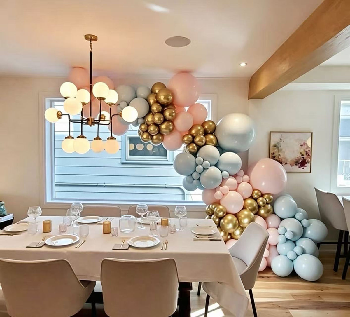 Gender Reveal Balloon Chain with baby Pink baby Blue Light gold Gender reveal Themed Customizable