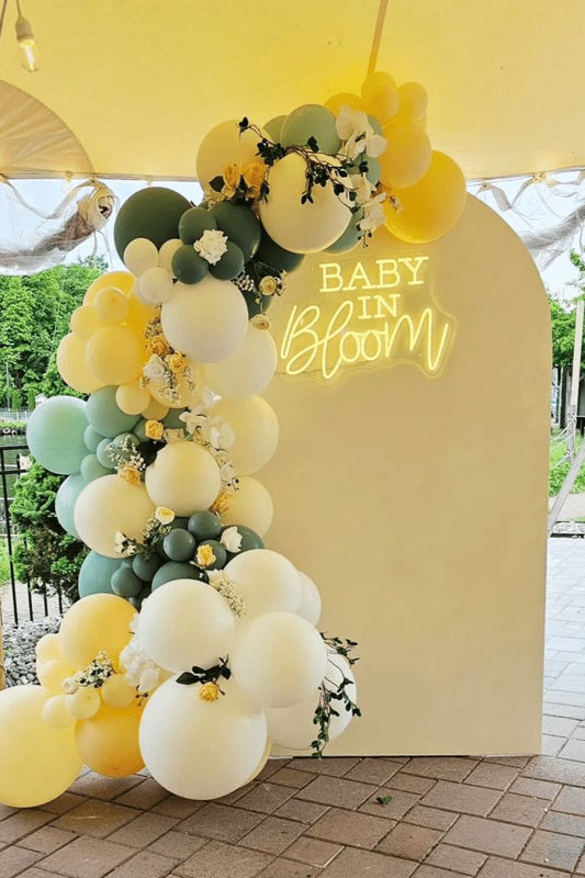 Customizable Board Backdrop with Balloon White, Yellow and Olive Green with Customize Acrylic LED and Artificial Leaves and Flowers - Perfect for special occasion