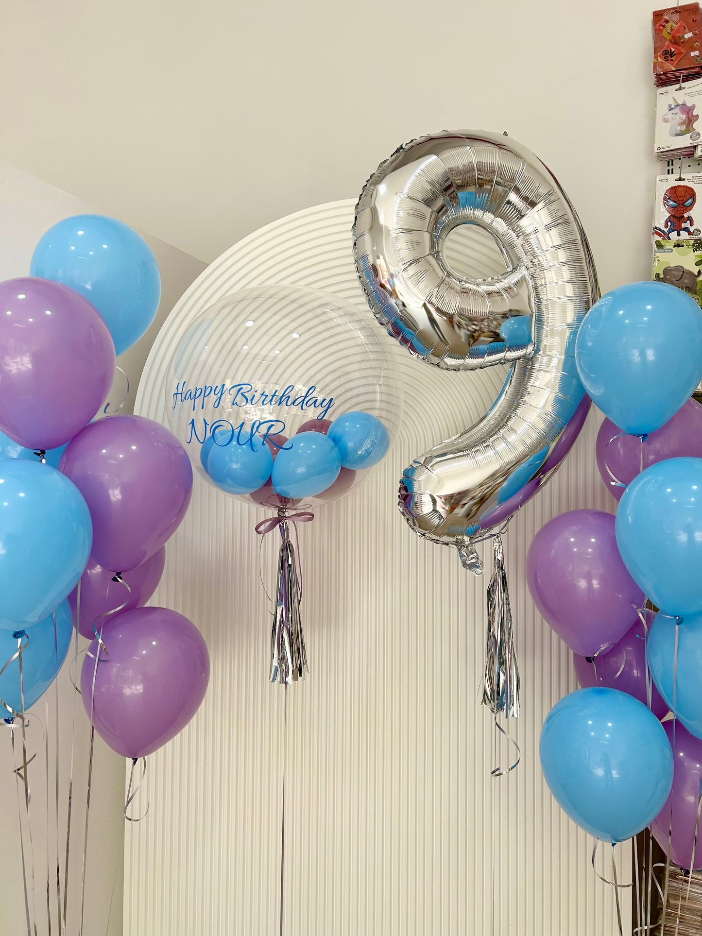 Personalised Set Helium Clear with Purple and Blue Balloon Latex Bunch, Silver ‘9’ Number Balloon with Tassels - Perfect for any Occasions