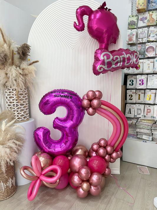 Platform Purple Number ‘3’ with Barbie Helium Balloons Shinny Pink, Hot Pink and Rose Gold - Barbie-Themed Birthday Celebration!