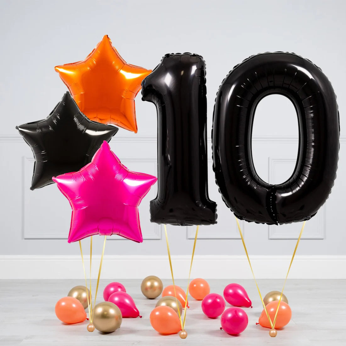 Helium Black Two Number Set Balloon with Orange, Black and Pink Stars with Mini Balloons