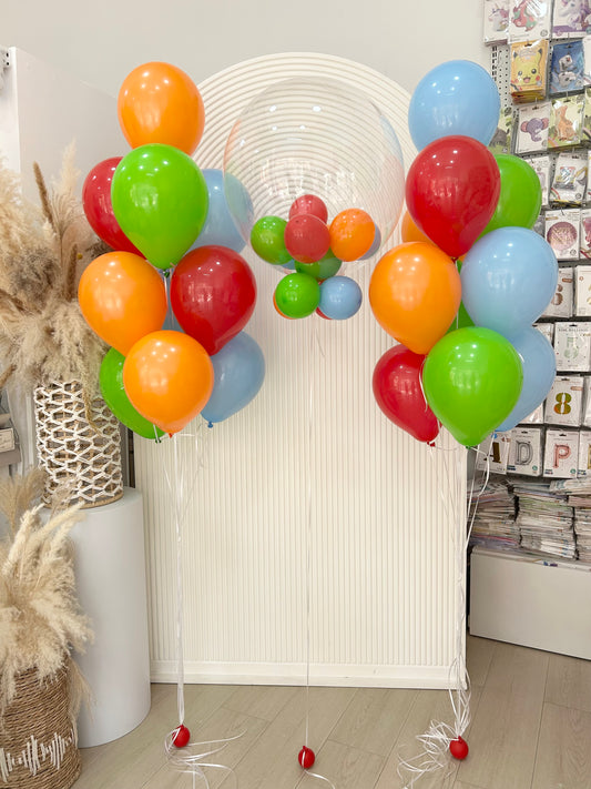 Personalised Helium Balloon Clear with Mini Latex and Latex Bunch Helium Orange Green Blue and Red - Customizable Design