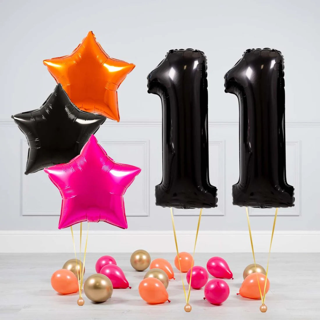 Helium Black Two Number Set Balloon with Orange, Black and Pink Stars with Mini Balloons