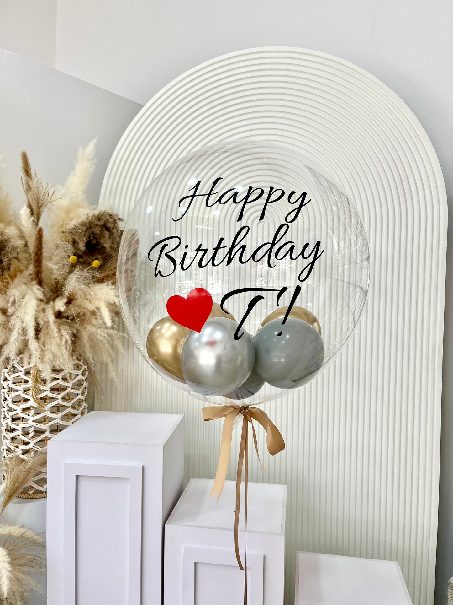 Personalise Clear Balloon with Customizable Sticker with Mini Latex Gray, Silver and Light Gold and Light Gold Ribbons – Perfect for Any Elegant Celebrations