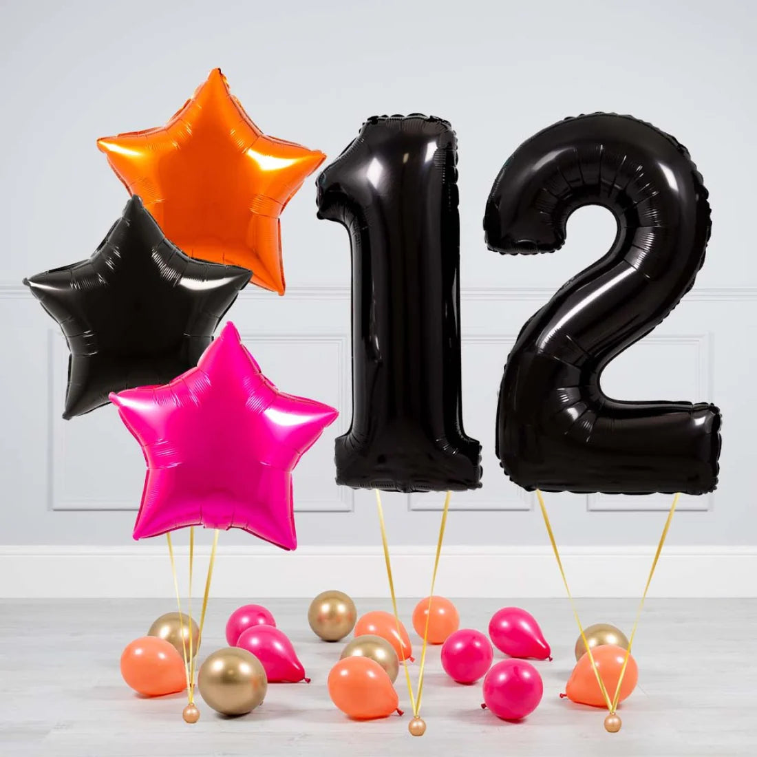 Helium Black Two Number Set Balloon with Orange, Black and Pink Stars with Mini Balloons