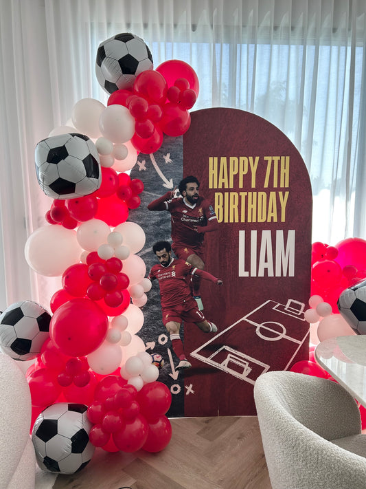 Customized Backdrop Football Theme Liverpool FC with Balloons White Red Soccer Ball – Customizable Design