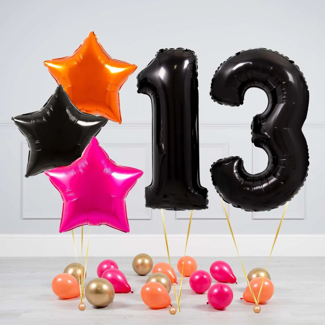 Helium Black Two Number Set Balloon with Orange, Black and Pink Stars with Mini Balloons