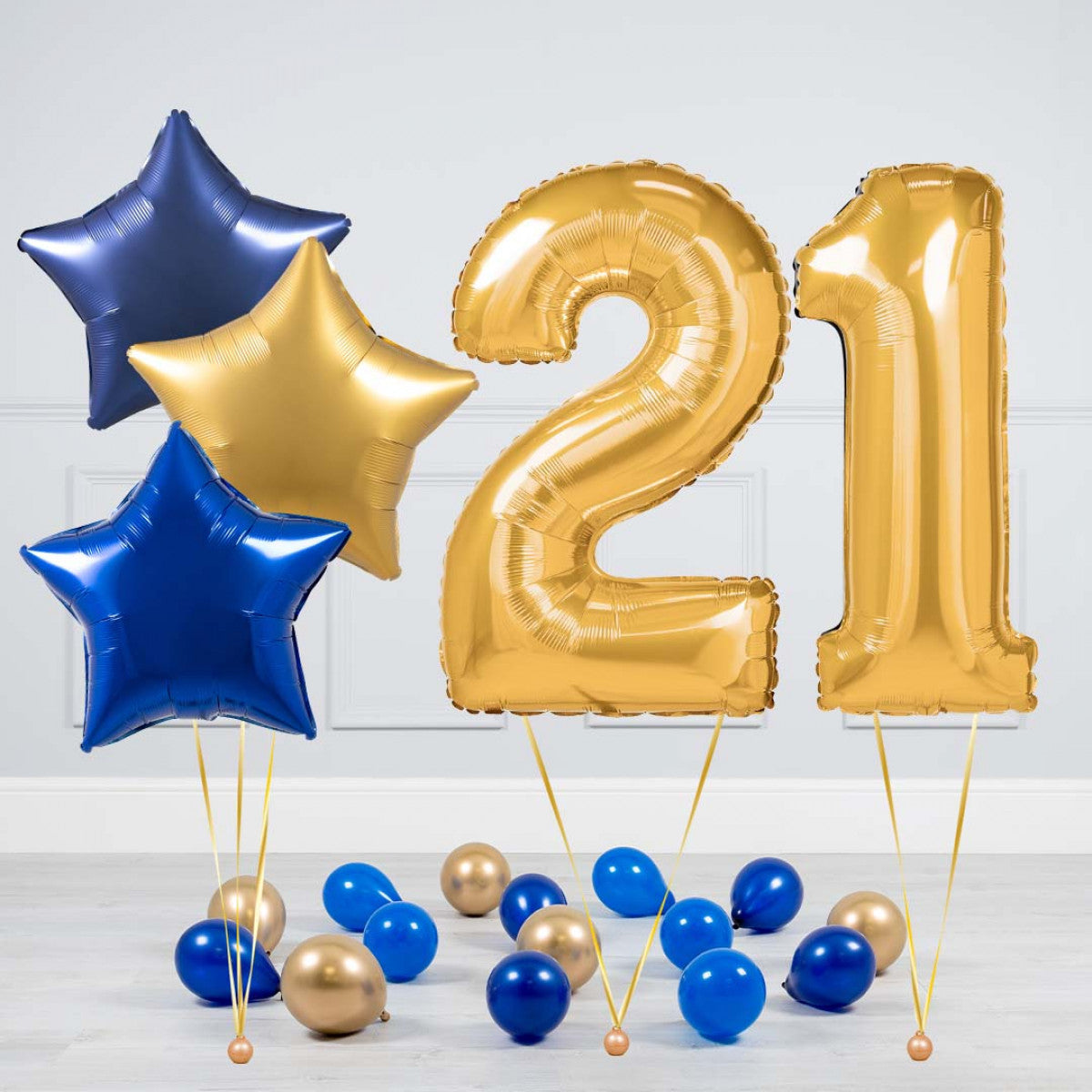 Helium Gold Two Number Set Balloon - Dark Blue, Blue and Gold Stars with Mini Balloons