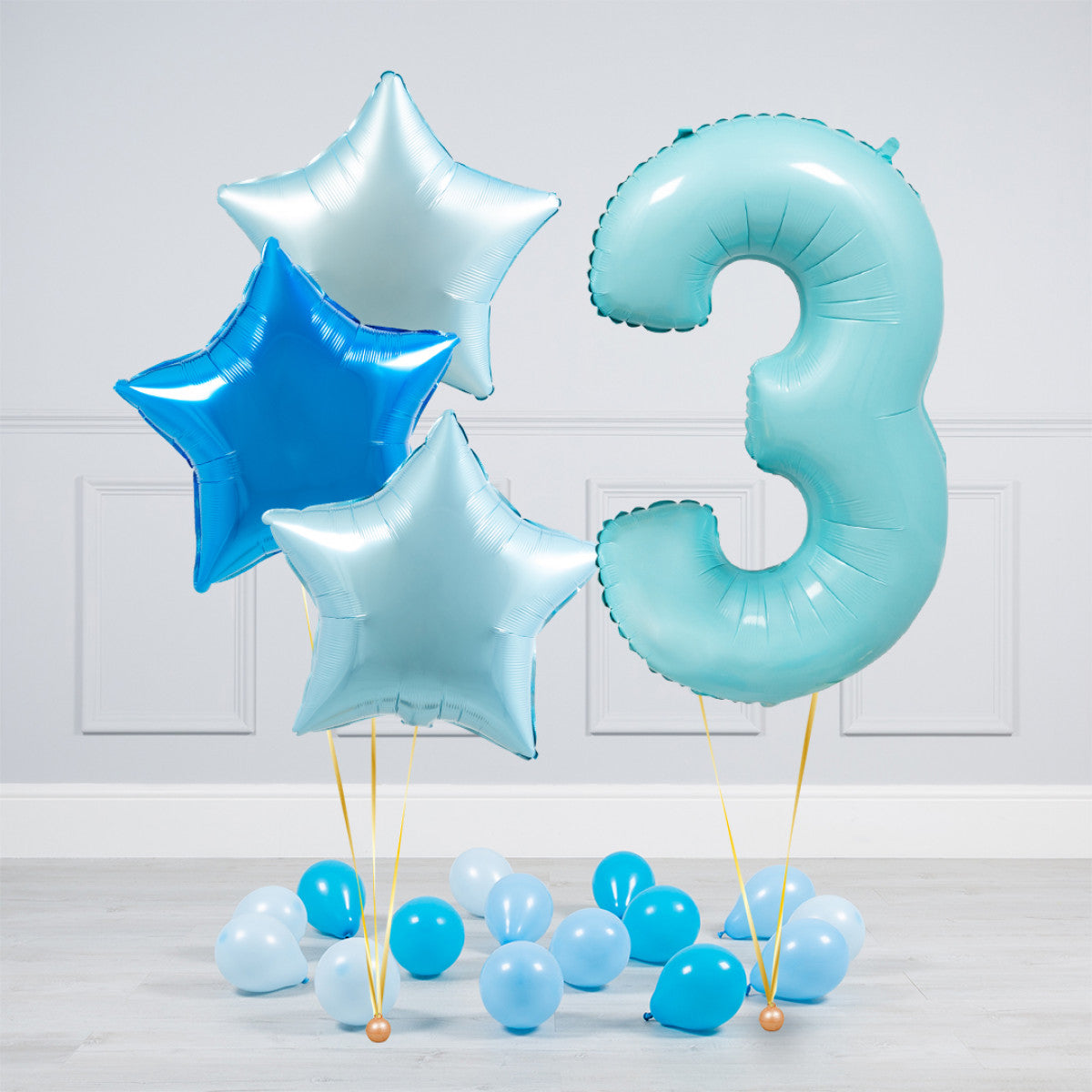 Helium Blue Single Number Set Balloon - Different Shade of Blue Stars with Mini Balloons