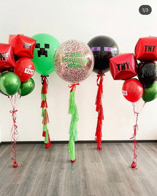 Personalised Clear with Confetti, Latex Black and Green with Customize Sticker and Square Red Orbs with Latex Black, Red and Chrome Green Helium Bunch with Tassels - Minecraft-Themed Perfect for any Occasions