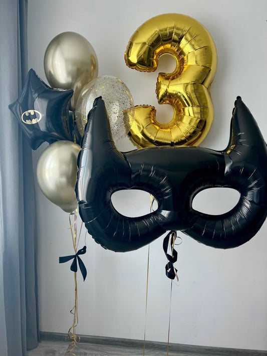 Balloon Chrome Black, Light Gold, Clear with Confetti Latex Bunch with Star accents, Number Gold '3' Helium and Helium Batman Musk - Batman-Themed Perfect for special occasions