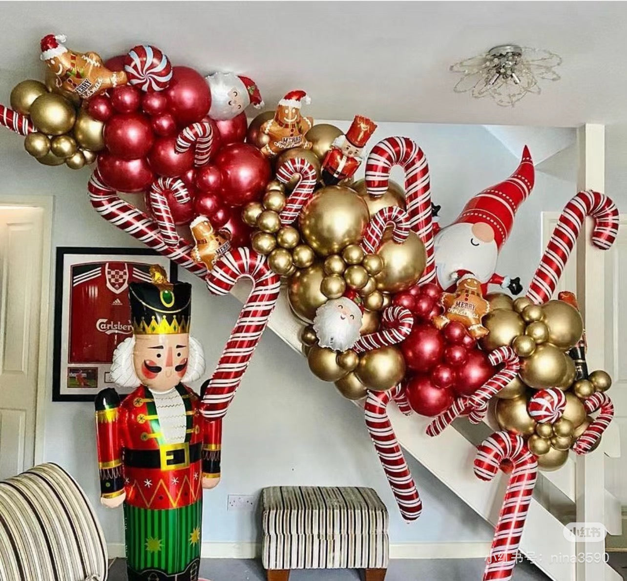 Christmas Staircase Balloon Wonderland with Garland, Candy Canes, Ornaments, Star Accents, Balloon Tree, and Santa Decoration - Perfect for Christmas Celebration