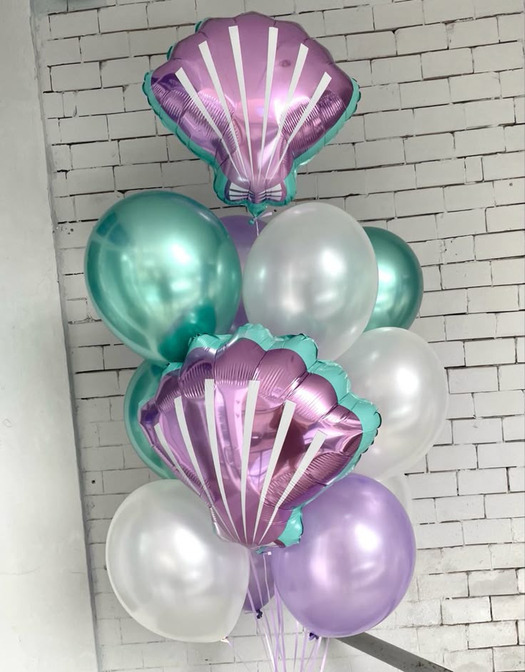 Helium Balloons Shell Foil with Latex Purple, Chrome Green and Pearl White Bunch - Mermaid-Themed Under The Sea-Themed Perfect for any Occasions!
