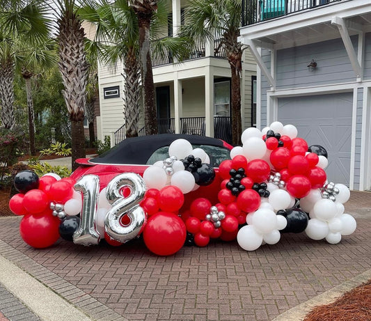 Car Surprise Balloon Design in Red, Black, Silver, and White – Perfect for Any Celebratory Occasions