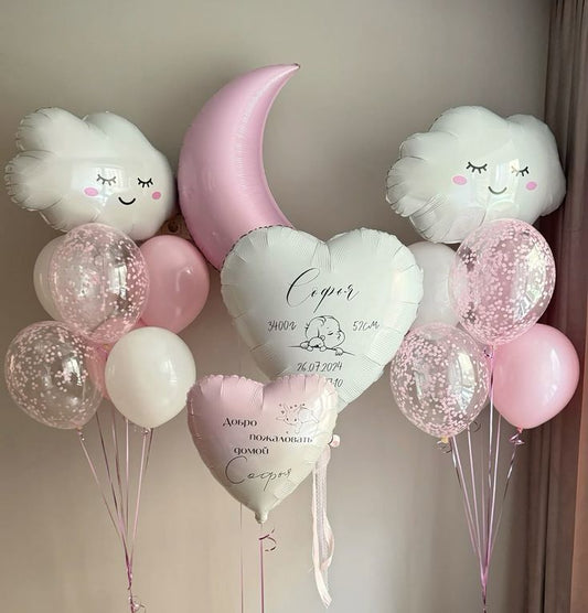 Pink Moon Helium with Latex White, Pink and Clear with Confetti with White Clouds Balloons Bunch and White 20" and 35" Heart with Customize Sticker - Baby Shower, Perfect for special occasions!