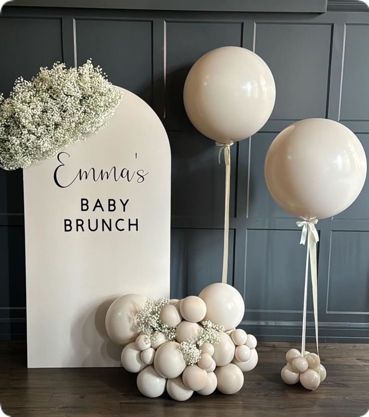 Customizable Board Backdrop with Beige Balloons, Artificial Flowers and Helium Balloons with Ribbons - Perfect for special occasion