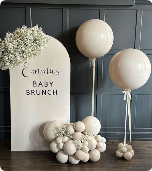 Customizable Board Backdrop with Beige Balloons, Artificial Flowers and Helium Balloons with Ribbons - Perfect for special occasion