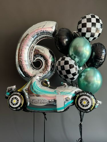Helium Balloon Single Number Set of Silver Number ‘6’ Balloon with Racing Car, Circle Black and Checkered with Latex Chrome Green Helium Bunch - Racing Car-Themed Perfect for any Occasions