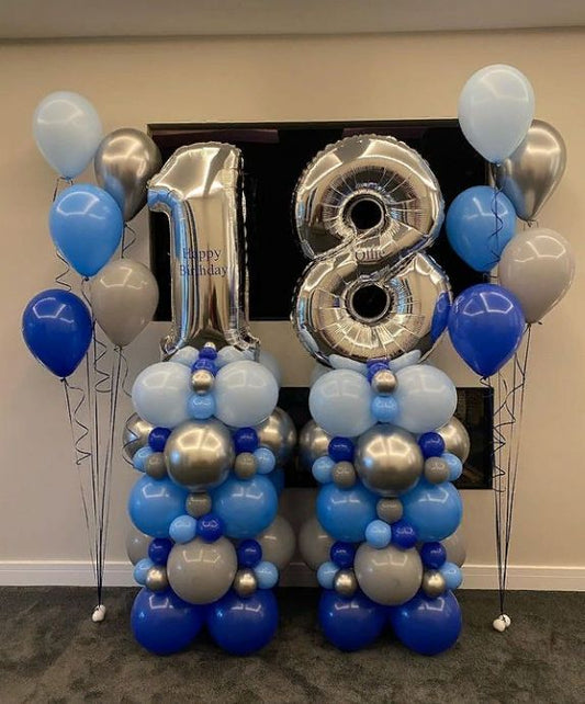 40-inch Numbers '18' Balloon on Stand with Customize Sticker and Bunch Helium Balloons Colors Blue, Gray and Silver with Strings - Customizable for Any Celebration