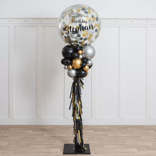 Personalised Clear Balloon with Black, Gold and Silver Confetti and Balloon with Tassels Accents Pillar/Column/Tower – Perfect for Any Celebrations