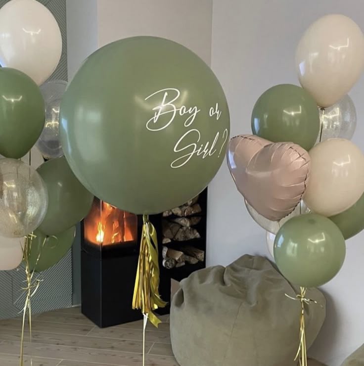 Personalised Gender Reveal Helium Balloon Green Latex with Customize Sticker and Helium Bunch of Olive Green, Beige, Clear and Heart-Shaped - Customizable Design