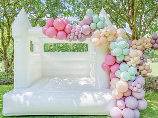 Bouncing Castle Rental 4x4m with Pit Balls and Balloon Decor Purple, Pink, Green and Peach - Perfect for Kids Birthday!