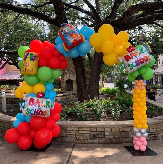 Back To School Balloons Black, Beige, Yellow, Silver, Red, Blue, Green and Pink with Bag and "BACK TO SCHOOL" Foil Balloon accents Arch Pillar/Column/Tower - Perfect for Back To School and School Events!