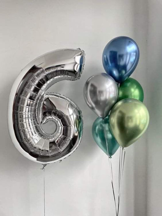 Helium Balloons Single Number Set Silver '6' with Latex Chrome Blue, Green and Silver Bunch with Ribbons - Perfect for any Occasions!