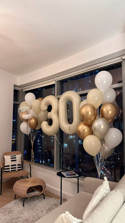 Pesonalised Clear with Mini White Latex, Ribbons and Customize Sticker Helium Balloons, Two Number Set Beige '30' and Latex Beige, White, Gold and Silver Bunch - Perfect for any Occasions!