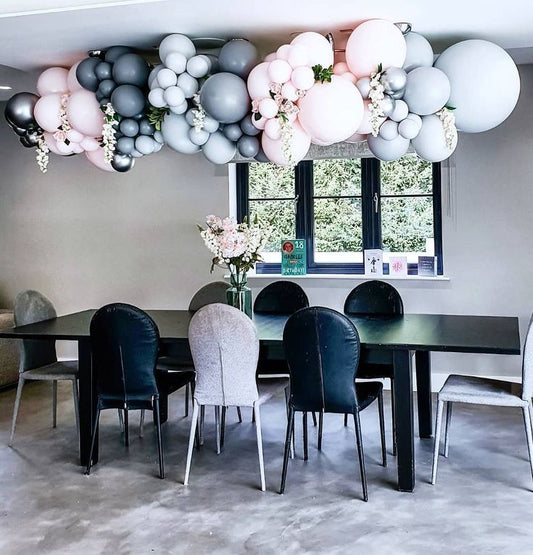 Ceiling Attached Garland Balloons Pink, Blue and Silver with Artificial Flowers - Perfect for special occasion