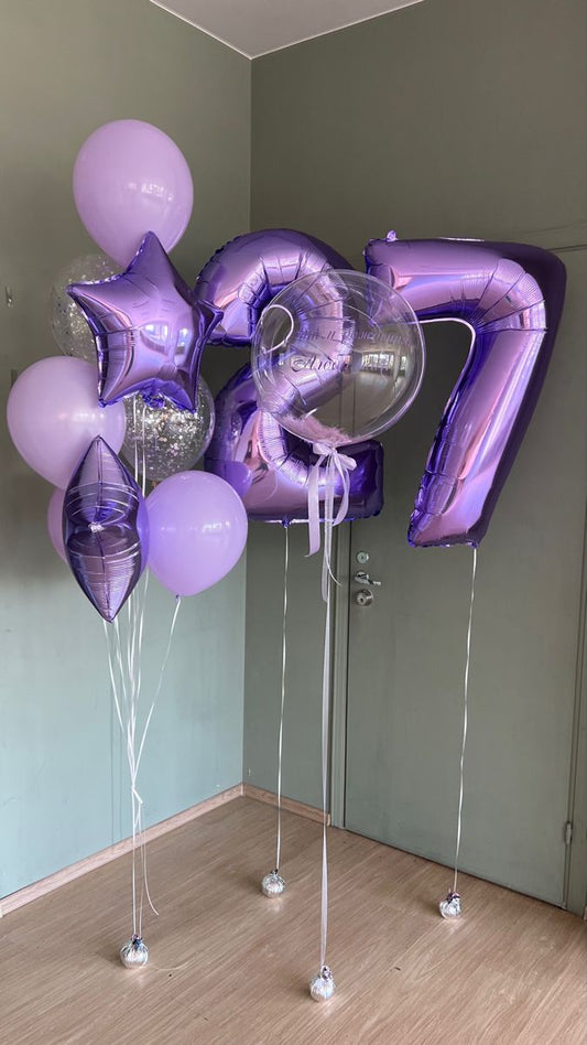 Pesonalised Clear with Feather, Ribbons and Customize Sticker Helium Balloons, Two Number Set Purple '27' and Latex Purple, Clear with Confetti and Star-Shaped Foil Bunch - Perfect for any Occasions!