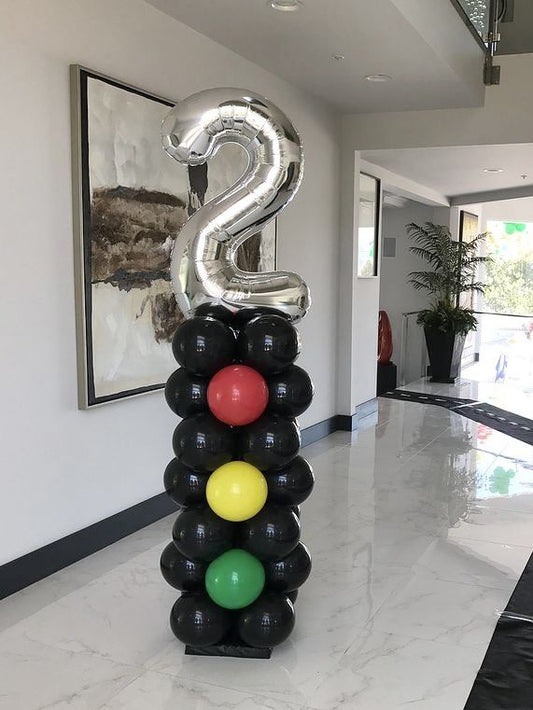 Number Balloon on Stand Silver Number "2" Traffic Lights Black, Red, Yellow and Green - Racing Car-Themed Customizable and Balloon Design