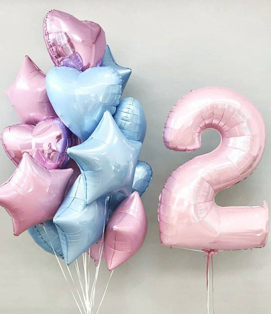 Helium Balloons Single Number Set Pink '2' with Foil Heart and Star-Shaped Pink and Blue Bunch with Ribbons - Perfect for any Occasions!