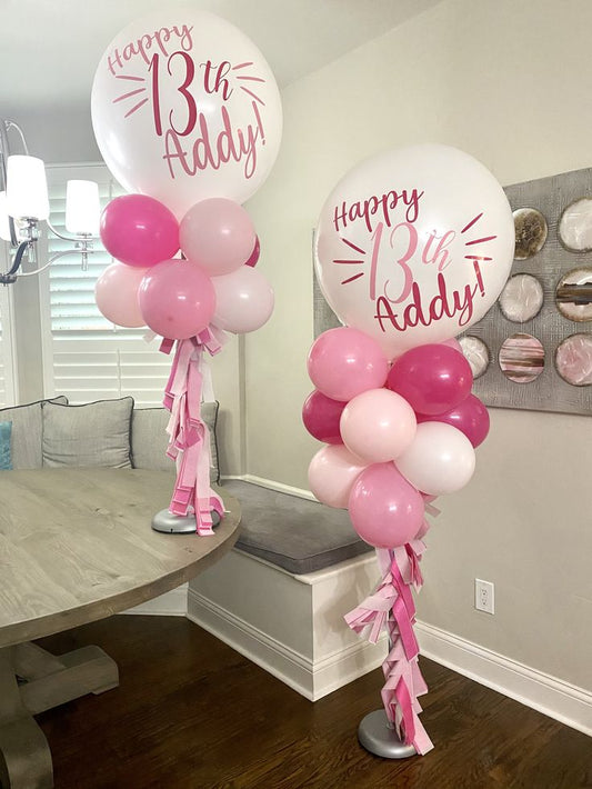Personalised Pillar/Column/Tower Balloons Pink and White with Customize Sticker and Tassels - Birthday, Corporate Event, Grand Opening, Company Event Perfect for special occasion!