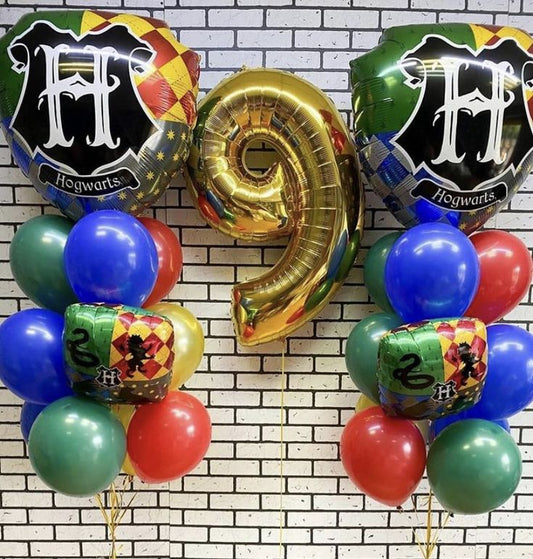 Helium Balloon Single Number Set of Gold Number ‘9’ Balloon, Harry Potter Flag with Latex Helium Bunch Blue, Green, Red and Yellow - Harry Potter-Themed Perfect for any Occasions