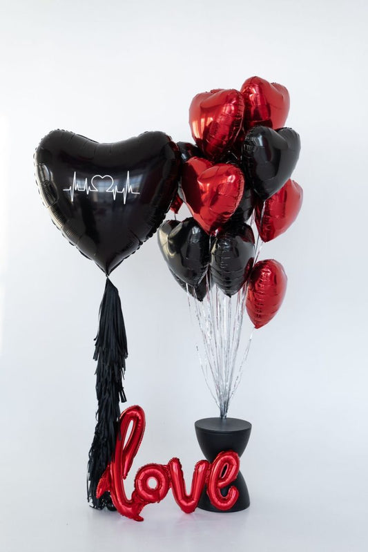 12pcs Black and Red 20" with 35" Black Heart-Shaped with Customize Sticker and Tassels Helium Foil Balloons Bunch with Bow Tie and 'love' Banner - Valentine's, Anniversary Perfect for special occasions!