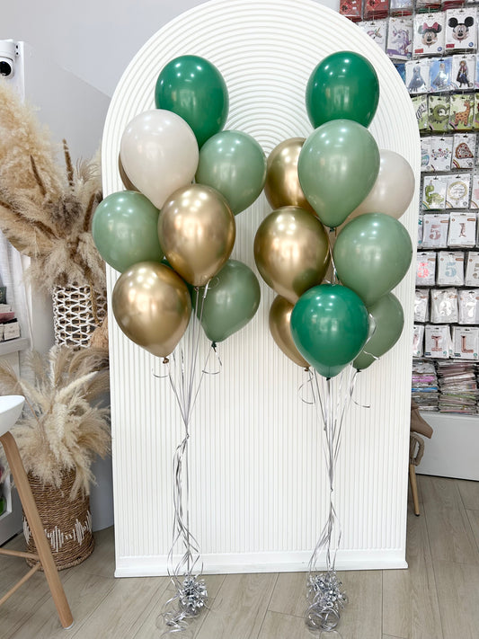 Latex Helium Balloon Dust White, Dark Green, Olive Green and Light Gold Bunch with Strings - Perfect for any special occasions!