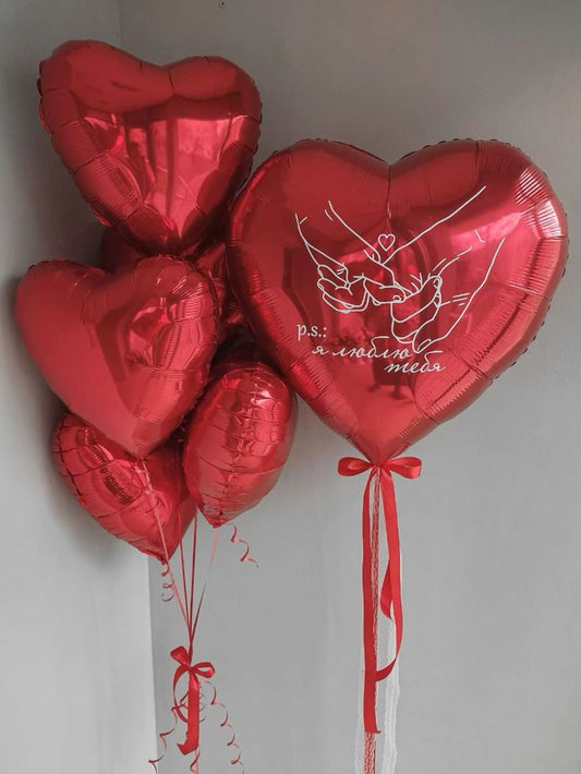 5pcs 20" with 35" Red Heart-Shaped with Customize Sticker Helium Foil Balloons Bunch with Bow Tie - Valentine's, Anniversary Perfect for special occasions!