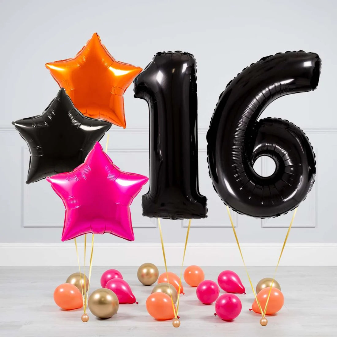 Helium Black Two Number Set Balloon with Orange, Black and Pink Stars with Mini Balloons