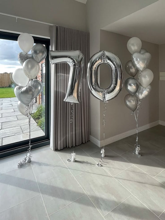 Helium Balloons Two Number Set Silver '70' and Heart-Shaped with Latex Gray, Silver, White and Pearl White Bunch - Perfect for any Occasions!