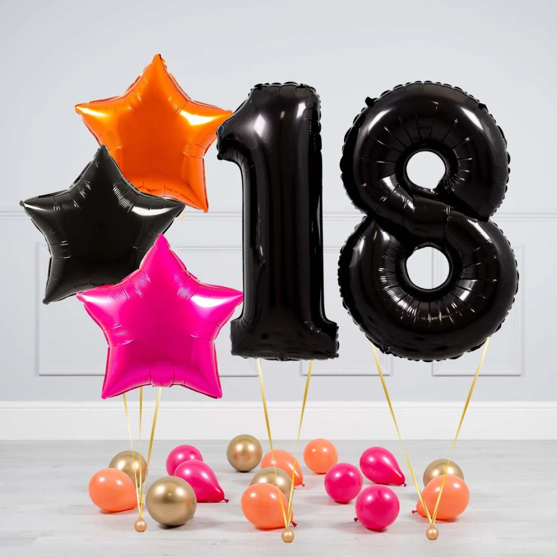 Helium Black Two Number Set Balloon with Orange, Black and Pink Stars with Mini Balloons