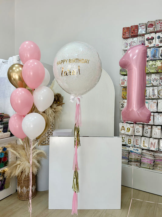 Personalised Set Helium Clear with Customizable Sticker, Pink, White and Light Gold Balloon Latex, Pink ‘1’ Number Balloon with Ribbons - Perfect for any Occasions