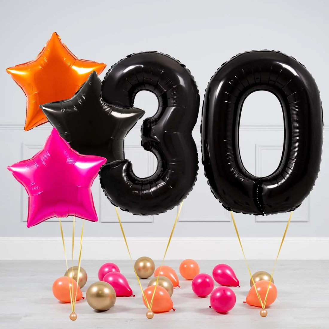 Helium Black Two Number Set Balloon with Orange, Black and Pink Stars with Mini Balloons