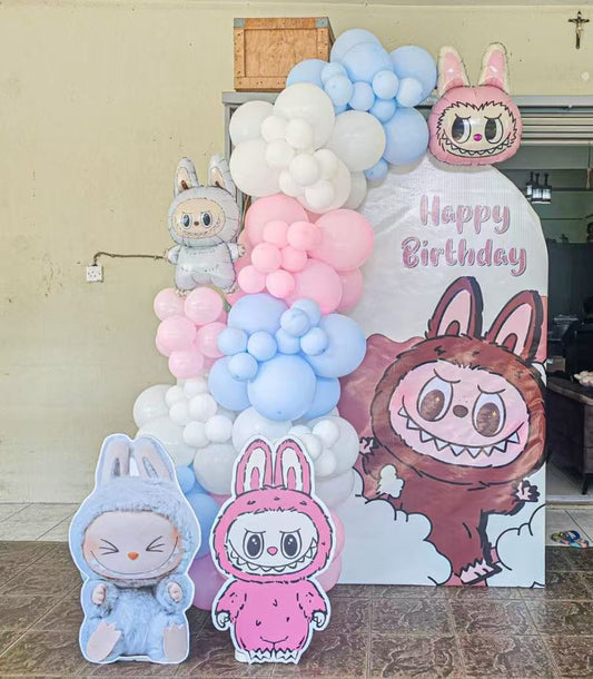 Customizable Board Backdrop with Balloon Pink, Blue and White with Labubu Characters Standee - Labubu-Themed Perfect for special occasion