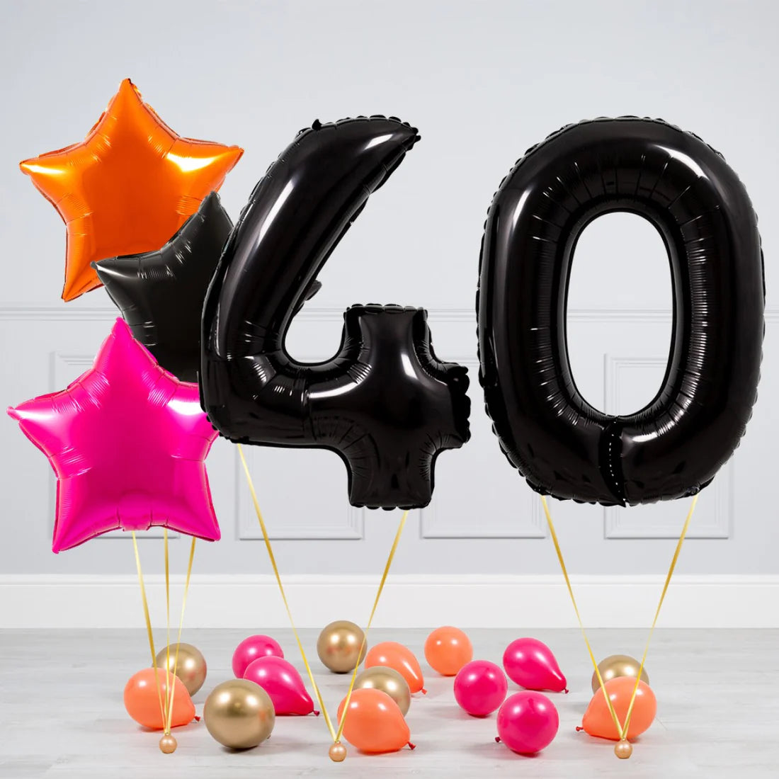 Helium Black Two Number Set Balloon with Orange, Black and Pink Stars with Mini Balloons