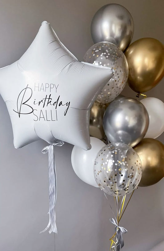 Helium Balloons White Star with Customize Sticker, Ribbons and Latex Helium Bunch Light Gold, White and Clear with Confetti - Customizable for Any Celebration