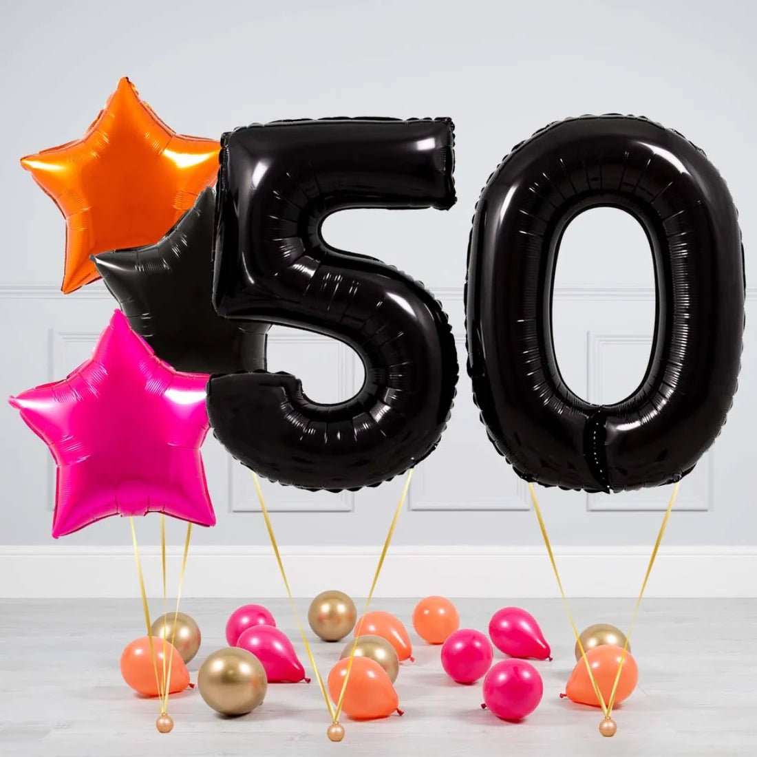 Helium Black Two Number Set Balloon with Orange, Black and Pink Stars with Mini Balloons