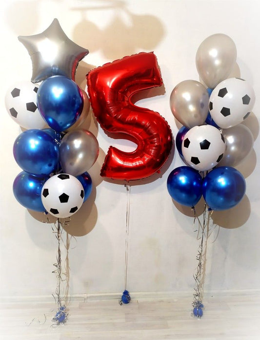 Helium Balloon Single Number Set of Blue, Gray, Soccer Ball Latex and Star Bunch, Red Number ‘5’ Balloon  - Sports-Themed, Football-Themed, Soccer-Themed Perfect for any Occasions