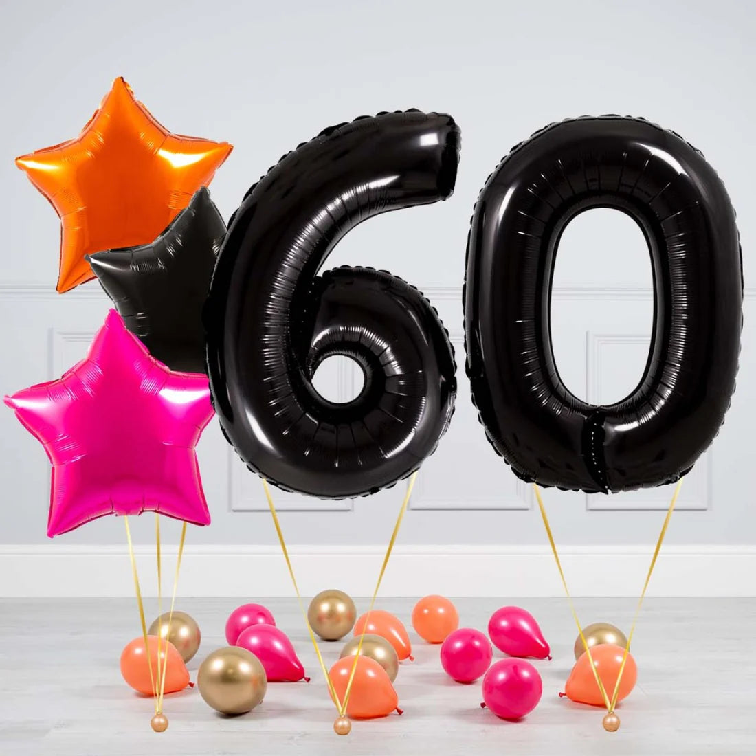 Helium Black Two Number Set Balloon with Orange, Black and Pink Stars with Mini Balloons